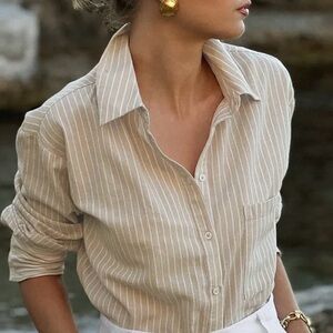LYDIA TOMLINSON X NA-KD Classic Linen Look Shirt, White/Beige, size 38